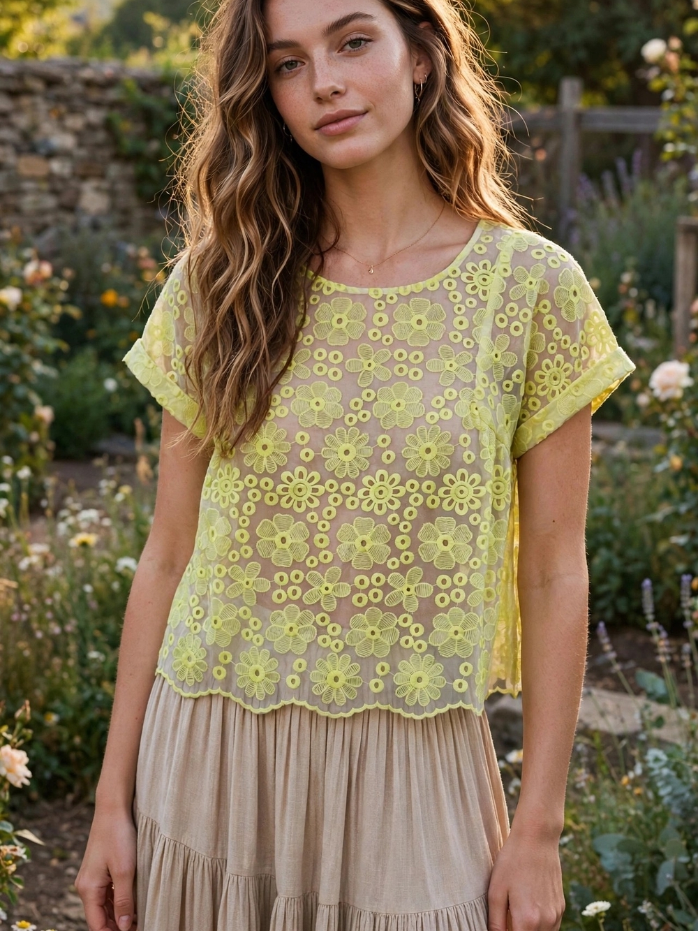 Meadow Rue(Anthropologie)Lime Green Floral Embroidered Eyelet Blouse